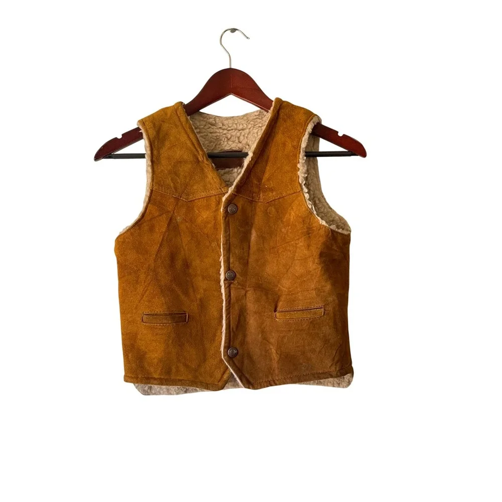 Vintage Kids Tan Suede Western Vest Faux‎ Shearling Lined Brown Medium